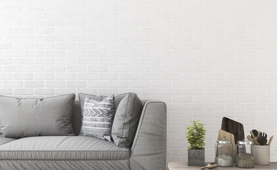 3d rendering minimal sofa near brick wall and decor