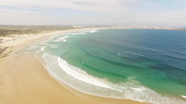 Praia do Campismo and Island Baleal naer Peniche on the shore of the ocean in west coast of Portugal