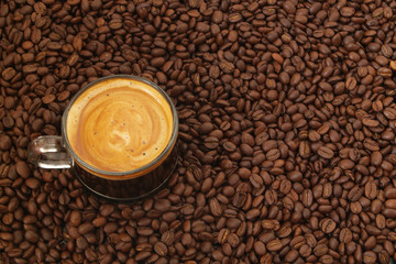 Espresso coffee cup on roasted arabica beans background