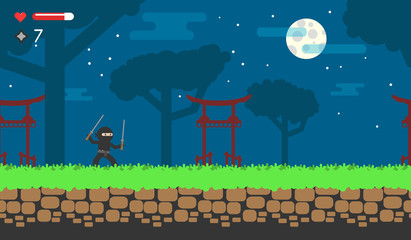Flat game about the ninja for android. Online flash game. Japanese background for level. © lex302