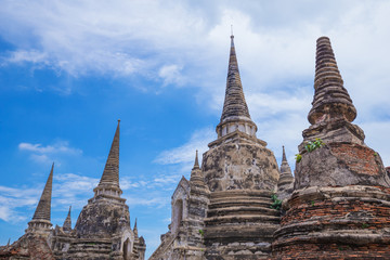 Ruins of buddha statues and pagoda of Wat Phra Si Sanphet in Ayutthaya historical park, Thailand