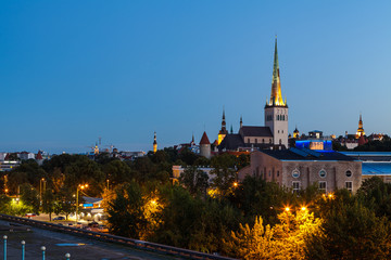 Aerial cityscape of old town of Tallinn from abandoned olympic concert hall