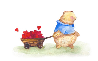 Watercolor bear with truck full of hearts