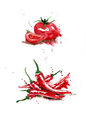 Watercolor tomato and chili paper, food ingredients isolated on white background