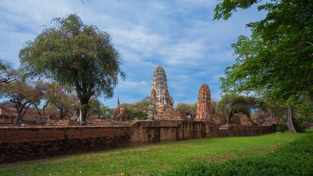 4k Time-lapse of Ruins of Wat Ratcha Burana temple in Ayutthaya historical park, Thailand
