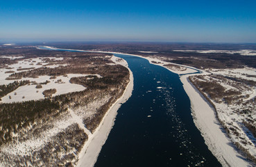 Great Siberian river Yenisei. Spring ice drift.  Aerial View.