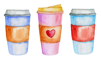 Watercolor coffee paper cup set on white background