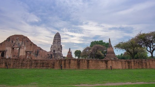 4k day to night Time-lapse panning of Ruins of Wat Ratcha Burana temple in Ayutthaya historical park, Thailand