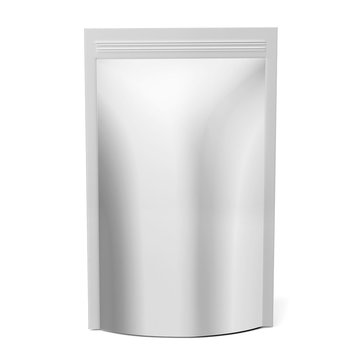 Blank white realistic plastic foil food pouch isolated on white background with reflection and place for your design and branding.