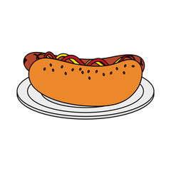 color image cartoon hot dog on plate fast food vector illustration