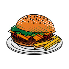 color crayon stripe cartoon hamburger in dish with french fries vector illustration