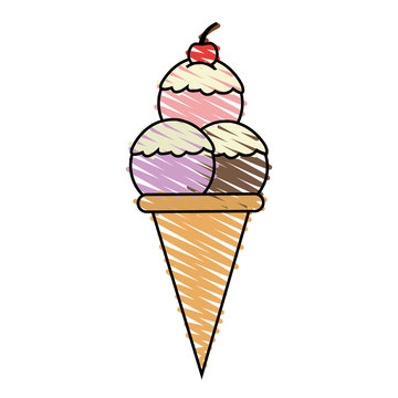 color crayon stripe cartoon ice cream cone with three balls and cherry vector illustration