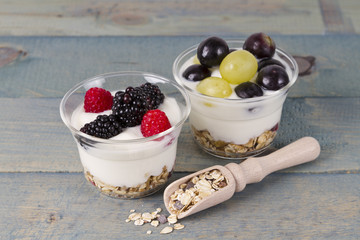 fruit yogurt with blueberry,  raspberry, blackberry, grape and muesli