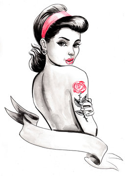 Pinup beauty with a rose tattoo