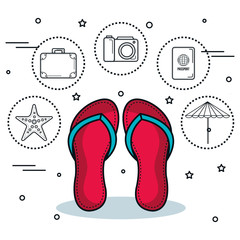 Colorful flip flops and hand drawn objects related to beach stickers over white background. Vector illustration.