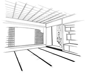 漫画風ペン画イラスト　和室