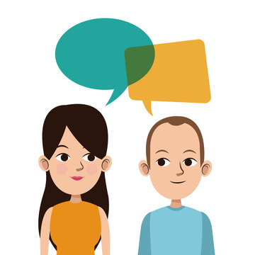 cartoon guy and girl bubble speech talking language vector illustration