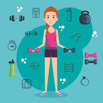 Exercising woman holding dumbbells and related objects over teal background. Vector illustration.