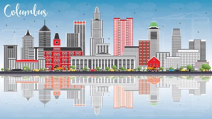 Columbus Skyline with Gray Buildings, Blue Sky and Reflections.