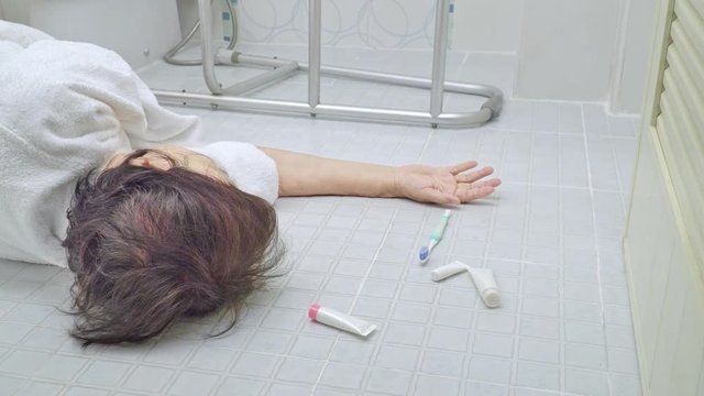 Elderly woman falling in bathroom because slippery surfaces