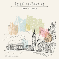 Ceske Budejovice, Czech Republic, Europe. European cityscape. Travel hand drawn vintage touristic postcard