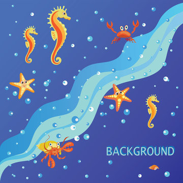 Blue sea, sea horse, starfish and crab. The background of the summer sea. Design for textile, banner, poster with children's characters cartoon sea creatures.