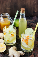 Cold ginger lemonade with lime and lemon.