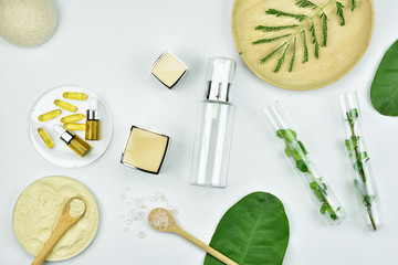 Cosmetic bottle containers with green herbal leaves, Blank label for branding mock-up, Natural beauty product concept.