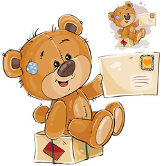 Vector illustration of a brown teddy bear sitting on a postal parcel and holding in its paw received letter. Print, template, design element