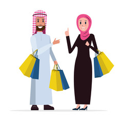 Two Arab people coming out of shopping with bags. flat character design. vector illustration