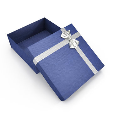 Present box with silver overwhelming bow on white. 3D illustration