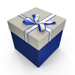 Blue gift box with yellow ribbon on white. 3D illustration