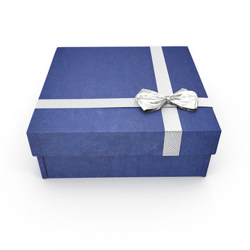 Square blue giftbox with lid tied with an ornamental ribbon on white. 3D illustration