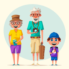 Old couple and grandchild in travel. Journey of grandparents. Cartoon vector illustration