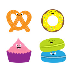 Soft pretzel, donut, cupcake, macaron or macaroon icon. Sweet bakery pastry set with face. Cute cartoon smiling character collection. Fast food snack. Isolated. White background. Flat design.