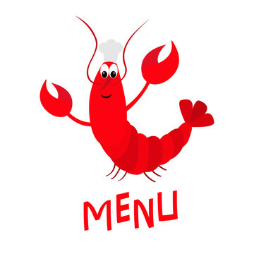 Lobster with claw. Chef hat. Cute cartoon character. Seafood menu sign symbol. Funny sea ocean animal. Baby collection. Flat design. Isolated. White background.