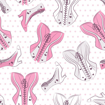 Retro seamless pattern of graceful women corset and  stylish  shoes.on pink spotted background.
