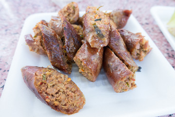 Sai Aua slice  (Notrhern Thai Spicy Sausage ) in Chiang Mai , Thailand