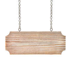 close up of an empty wooden sign hang with chian on white background