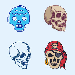 Different style skulls faces vector illustration halloween horror style tattoo anatomy art.