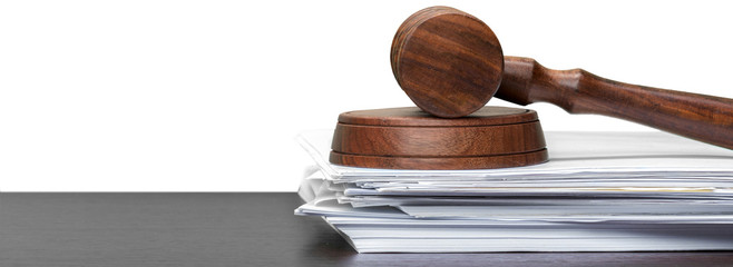 judge hammer on white paper and table
