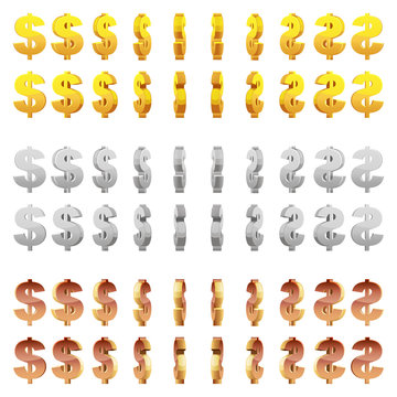 Effect 3D animation of a spinning golden, silver and bronze dollar sign. Vector animation game rotation.