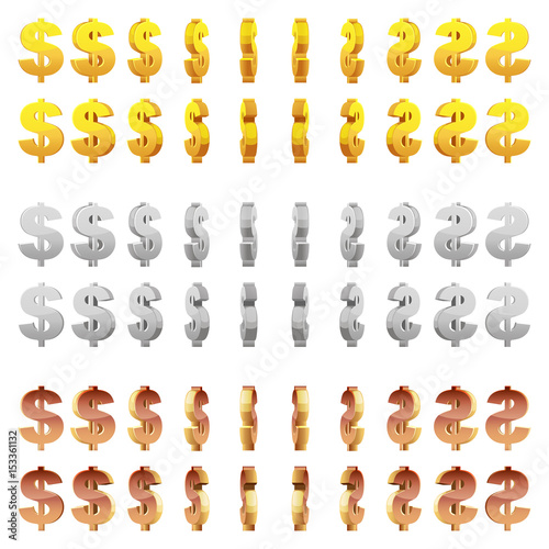 "Effect 3D animation of a spinning golden, silver and bronze dollar sign. Vector animation game ...