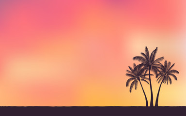 Plakat Silhouette palm tree and sunset sky in flat icon design with vintage filter background