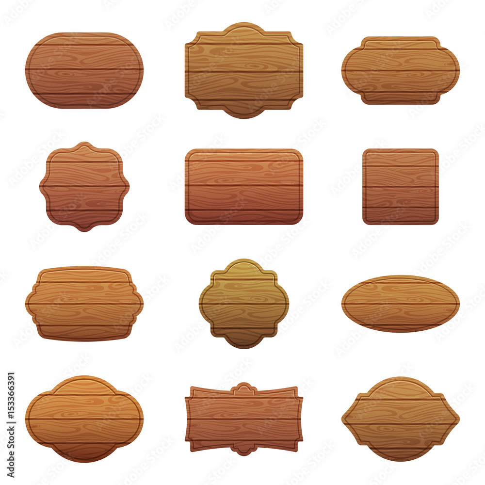 Sticker illustration set of different shapes with wooden texture. empty vector banners with place for your t