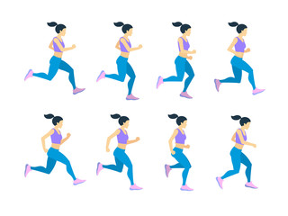 Fototapeta na wymiar Running girl young female athlete in tracksuit. Vector set of animation frames