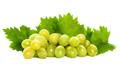 Green Grape and Grapevine with Green Leaves Isolated on White Background