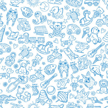 Children with toys. Seamless pattern with vector hand drawn illustration