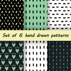 Set of 6 hand drawn seamless patterns with ink elements, hearts, blobs. Endless vector textures. Template design for abstract textile, backgrounds, packages, wrapping paper, fabric, wallpaper.