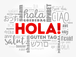 Hola! (Hello Greeting in Spanish) word cloud in different languages of the world, background concept © dizain
